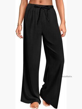 Wide Leg Linen Palazzo Pants with Pockets & Drawstring, Flowy Casual Trouser